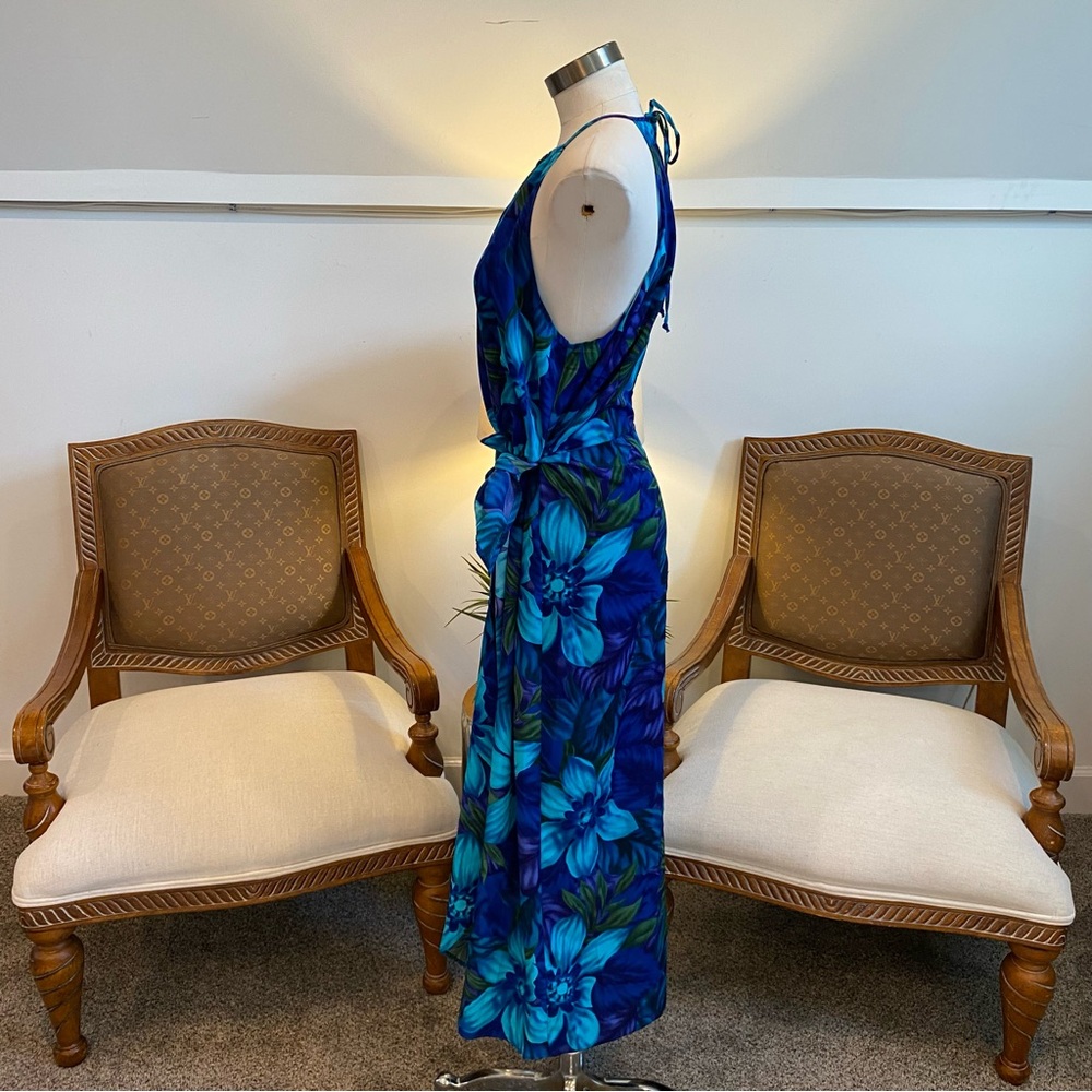 Vintage 90s Y2K Elegant Blue Floral Halter Dress with Front & Back Tie Detail - Picture 3 of 9
